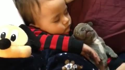 The baby sleeps with his dog