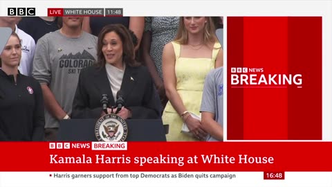 Kamala Harris publicly speaks for first time since Joe Biden left presidential race | BBC News