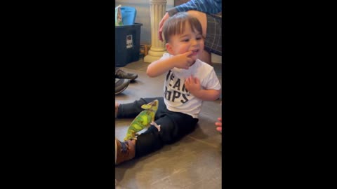 Toddler gets a "kiss" from his pet chameleon yes