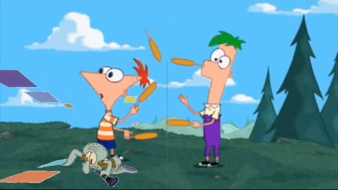 Squidward Is Playing With Tiles While Phineas and Ferb Juggle Corndogs