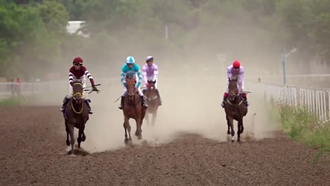 Four Riders on Horse Races. Slow Motion