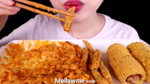 ASMR CHEESY CARBO FIRE NOODLES, CORN DOGS, FRIES