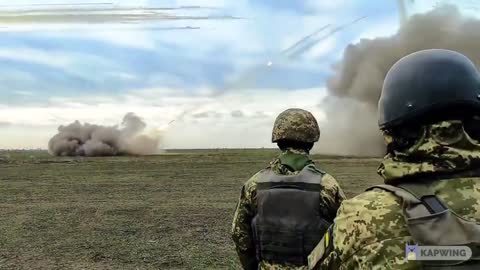 Ukrainian BM-21 122 mm multiple rocket battery in action