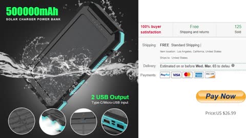 Waterproof Solar Power Bank Dual USB 500000mAh Portable External Battery Charger