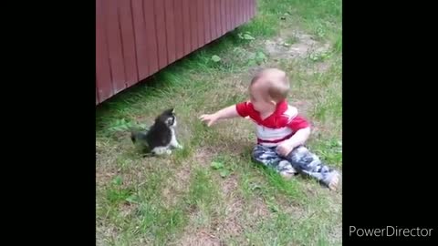 Cute baby and baby cat fight || funny moment, 😂😂😂