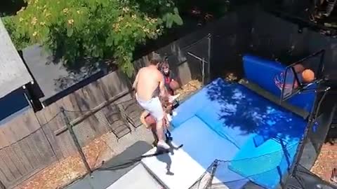 Dude pulls off epic basketball trampoline trick shot
