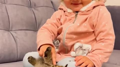 Funny cat and small kid playing