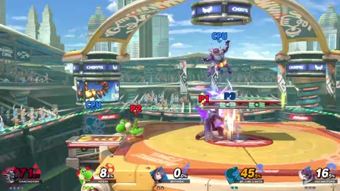 Ganondorf and Yoshi vs Pyra/Mythra and Mr Game and Watch and Incineroar on Spring Stadium