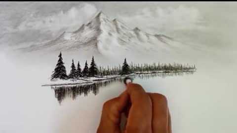 Pencil drawing landscape scenery/ Snow mountain landscape drawing with pencil