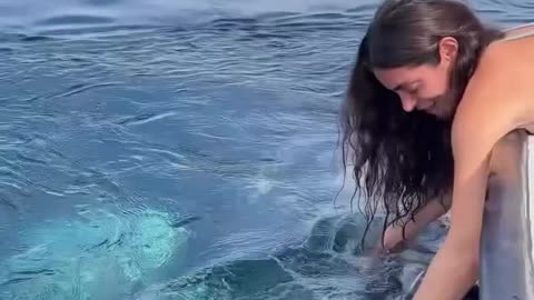 chick gets overexcited to hug and kiss a whale.