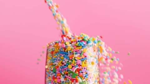 Filling a glass cup with small sweets on a pink background