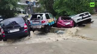 Dozens of cars washed away by floodwaters in Sochi