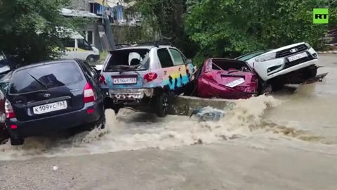 Dozens of cars washed away by floodwaters in Sochi