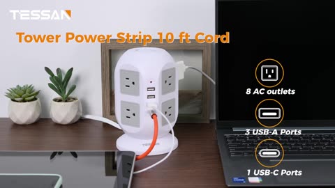 Tower Surge Protector Power Strip 10 ft, TESSAN Long Flat Extension Cord with Multiple Outlets