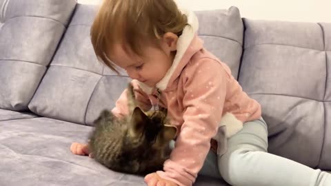 Cute Baby Meets New Baby Kitten for the First Time!