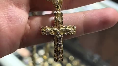 Real Gold Semi Hollow Rope Chain & Small Nugget Crucifix Pendant