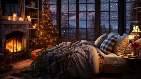 Christmas bedroom ambience, Cozy fire, snow fall, ASMR