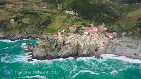 FLYING OVER ITALY 4K: Cinque Terre Coast by Drone + Light Ambient Music & Ocean