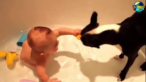 cute Baby-and-dog-in-bath-together