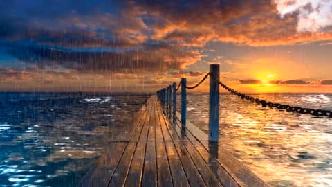 simulation sunset storm and walk bridge on water