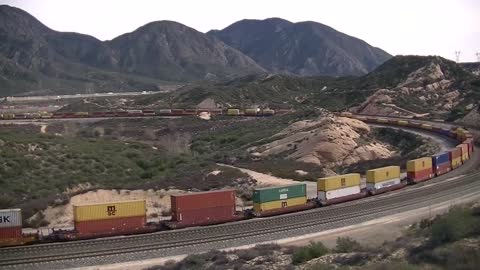 Over 2 mile long BNSF Stacktrain climbing Cajon Pass, 3x2x2- Full Length Video