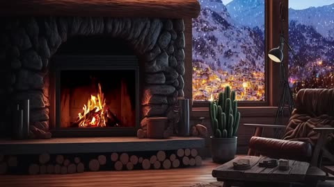 Soothing Snowy Serenity: Cozy Room with a Crackling Fireplace in Winter