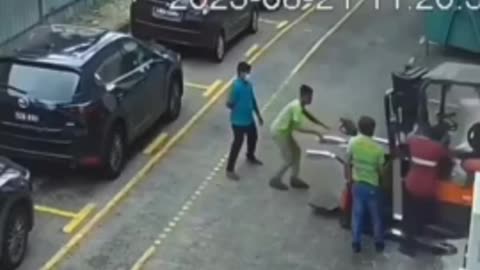 work fail- runaway forklift's forks go through doors of parked car