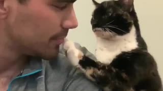 Cat gently paws owner on the lips