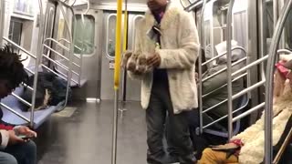 Man beige white jacket dancing around