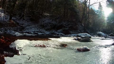 Stress Relief in 5 Minuites For Mind Relaxation | Forest River Flowing Through Frozen Rocks