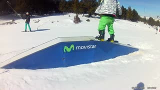 Green pants snowboard grind fail