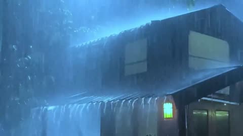 Heavy Rain Covering the Farmhouse in Forest at Night - Rain Sounds on Tin Roof for Sleeping, Relax