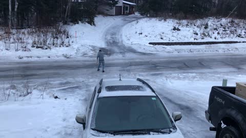 Dedicated Dad Slips and Slides on Ice for Toy