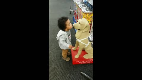 Toddler confuses dog statue for actual dog