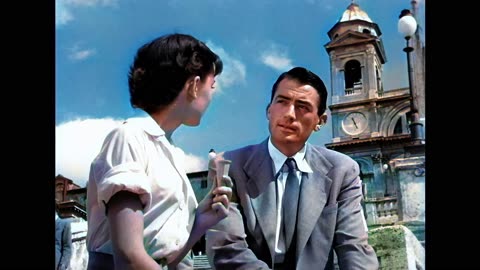 Roman Holiday Audrey Hepburn Gregory Peck Take a Holiday Scene colorized remastered 4k