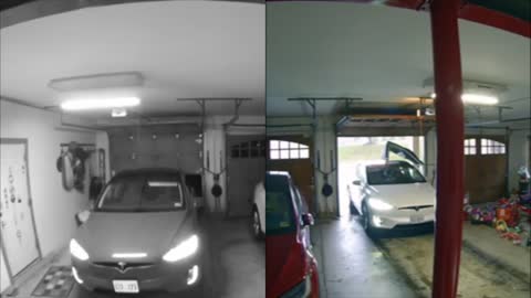 Two surveillance cameras white tesla crash garage