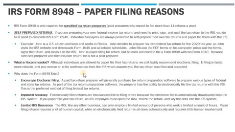 IRS Form 8948 - Reasons for Not Electronically Filing a Tax Return