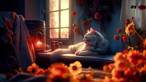 Cozy Cat Video, Cozy Cabin Ambience, Crackling Fireplace with Cat, Cat Ambience
