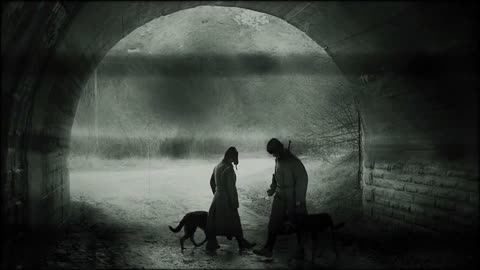Silhouettes of the soviet soldiers with dogs. Cold war concept