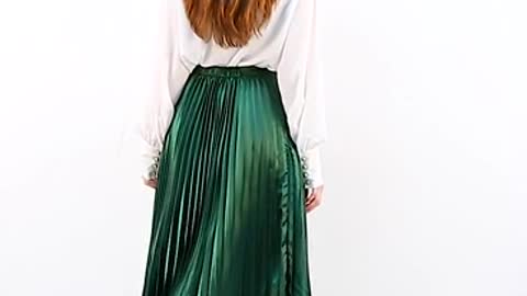 Women's Elastic Waist Party Metallic Shiny Accordion Pleated Midi Skirt