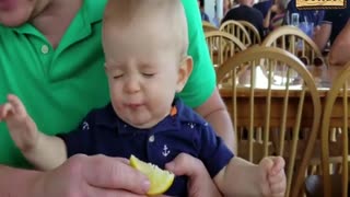 Baby tastes lemon for the first time
