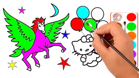 Drawing and Coloring for Kids - How to Draw Flying Horse and Lolo Kitty