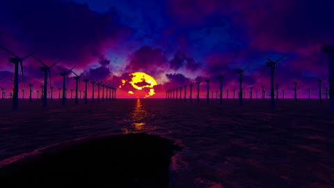 Field of wind turbines on a purple sunset, Just Amazing