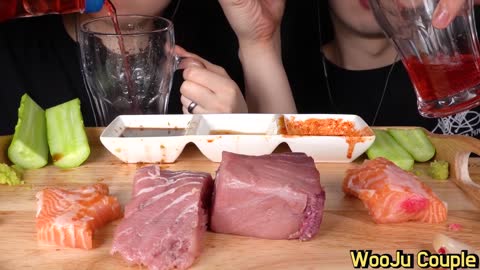 TUNA SALMON WHOLE SASHIMI SAVAGE EATING SOUNDS NO TALKING ASMR MUKBANG [ #SEAFOOD​ ]