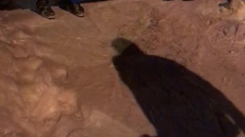 Guy slips down snow path, friends laugh and dog pile him