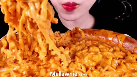 ASMR CHEESY CARBO FIRE NOODLES, SAUSAGES EATING SOUNDS MUKBANG
