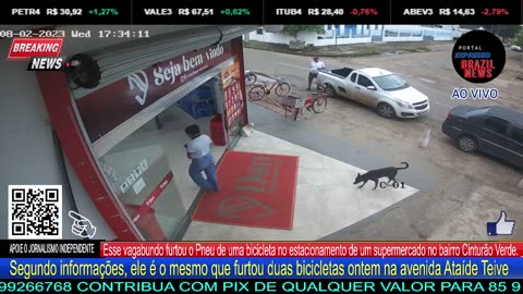 vagabundo furtou o Pneu de uma bicicleta no estacionamento de um supermercado no bairro Cinturão