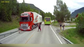 Semi Truck Narrowly Misses Kids Crossing Street