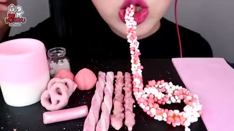 ASMR PINK DESSERTS EDIBLE JELLO SHOT, SHEET JELLY, NERDS ROPE, CHERRY BLOSSOM PRETZEL EATING MUKBANG