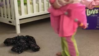 Toddler girl AMAZED with Pom Pom skirt!